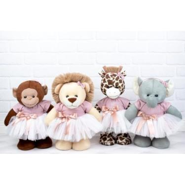 Imagem de Pelúcias Animais Safari, Conjunto de 4, com Vestidos de Tule, Leão, Girafa, Macaco, Elefante 30 cm (ROSE)