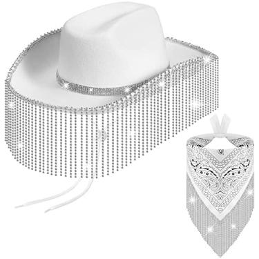 Imagem de Mepase 2 peças de chapéu de vaqueira com strass, bandana com glitter, chapéu de cowboy para festas de discoteca, casamento ocidental, cosplay, estilo R, branco, Branco, Elegant