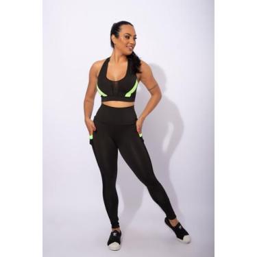 Imagem de Conjunto Feminino Fitness Calça Legging Cintura Alta Com Bolso Tela E 