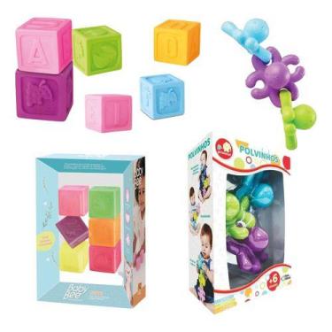 Imagem de Kit Mordedor Bebê Infantil E Cubo De Empilhar E Polvos - Baby Bee