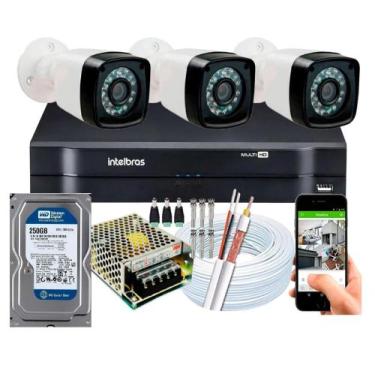Imagem de Kit Cftv 3 Cameras Segurança Hd Dvr Intelbras Full Hd 4ch Mhdx c/hd 25
