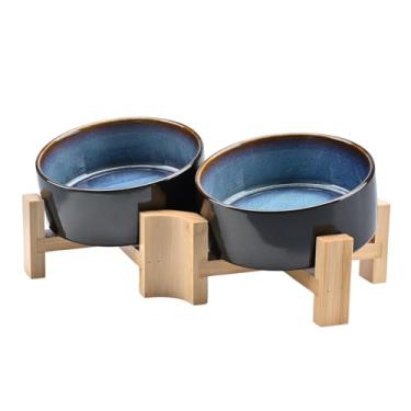 Imagem de SPUNKYJUNKY Tigela inclinada de cerâmica para cães e gatos de 15° com suporte de madeira, tigela inclinada para comida e água para buldogue não escorrega para gatos, cães médios, grandes animais de