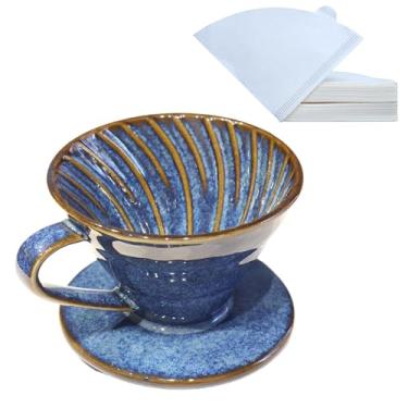 Imagem de LonMuseum O coador de café de cerâmica inclui 50 filtros 01 cafeteira de porcelana V 60 conjunto feito à mão cerâmica artesanal gotejamento cerveja barista presente para 1-2 pessoas, viagem,
