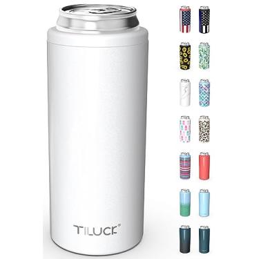 Imagem de TILUCK Cooler de lata skinny para cerveja fina e seltzer duro, aço inoxidável, latas finas isoladas de aço inoxidável de parede dupla, padrão de 355 ml (branco purpurino)