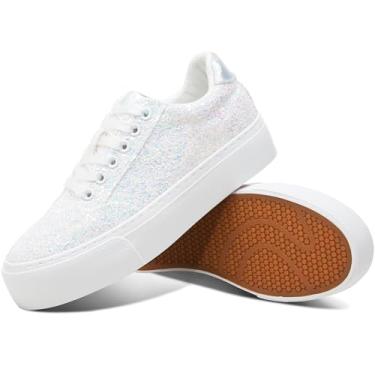 Imagem de Jeekopeg Tênis feminino com plataforma com glitter, casual, lantejoulas, brilhante, sola grossa, para caminhada, tênis de casamento com lantejoulas brilhantes para mulheres, Glitter branco, 34