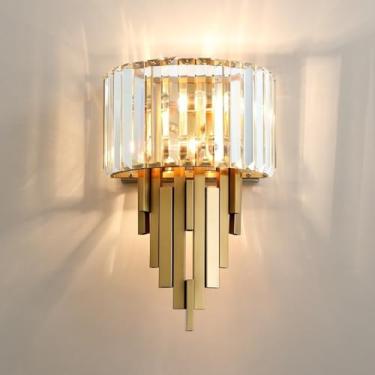 Imagem de HHTTXXYY Arandela de parede de cristal moderna de 2 luzes, luminárias de parede douradas de luxo arandela de parede interna de cristal para quarto, sala de estar, banheiro, espelho de luz