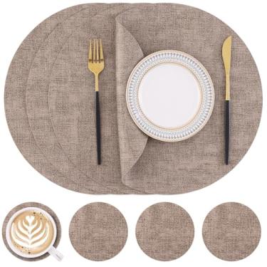 Imagem de Homaxy Jogo americano e porta-copos redondos de couro sintético, tapetes de mesa laváveis de dois lados, tapetes de jantar resistentes ao calor limpáveis para ambientes externos e internos, conjunto