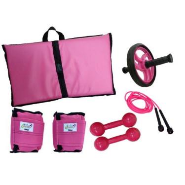 Imagem de Kit Tornozeleira 6KG Rosa + Halteres 6KG Rosa + Colchonete Rosa + Roda