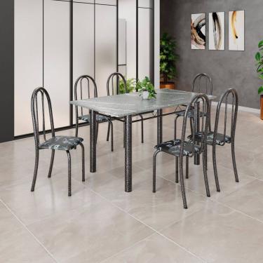 Imagem de Conjunto de Mesa Tubular 140x75cm Tampo em Granito Topázio com 6 Cadeiras Iris B Preto Floral / Mart Prata