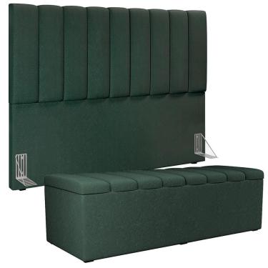 Imagem de Kit Cabeceira Cama Box Casal King 195cm Com Calçadeira Baú Dália W01 Linho Verde Musgo - Lyam