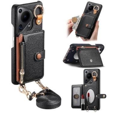 Imagem de Capa de telefone carteira transversal removível durável para Huawei Pura 70 Ultra, bolsa com zíper, suporte de anel, espelho integrado, compartimento para cartão, suporte de vários ângulos em elegante
