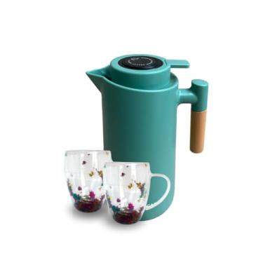 Imagem de Garrafa Térmica Verde Chic Termometro Digital 1L Café Chá Nórdica Com Cabo Madeira e Jogo Com 2 Copos De Vidro Flores Secas Xicara Caneca Delicada Kit Perfeito Café da manhã e Tarde