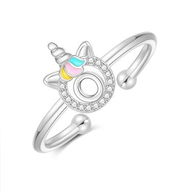 Imagem de CIVOKINA Anéis delicados de unicórnio com inicial para meninas, banhado a ouro 14 quilates/ouro rosa/prata para meninas, lindo anel infantil hipoalergênico, ajustável, com letras para presentes para