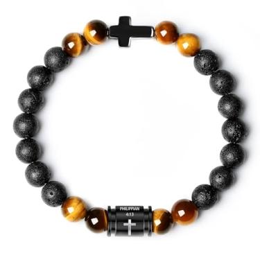 Imagem de ketryep Pulseiras masculinas com contas de pedra vulcânica natural de 10 mm, ônix preto e olhos de tigre, pulseiras cruzadas com versículo bíblico para homens, Natal, aniversário, presentes religiosos