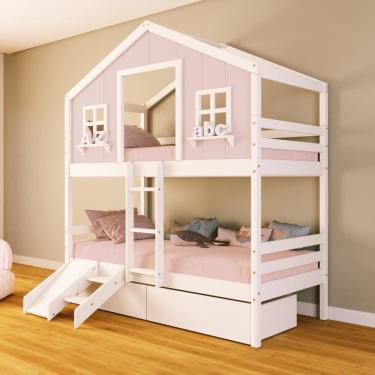 Imagem de Beliche Casinha dos Sonhos com Escada/ Escorregador e 02 Gavetas Madeira Maciça Rosa/ Branco Housin