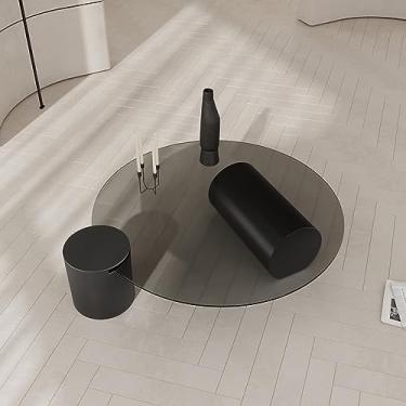 Imagem de LILINWAN Mesa de centro redonda de 32 cm de altura, mesa de centro moderna com tampo de vidro e base geométrica, mesa de centro de vidro para sala de estar, pátio, escritório em casa (cor: B, tamanho