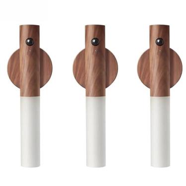 Imagem de Luminaria Luz Led Recarregável Sensor de Movimento Arandela de Madeira Minimalista Para Mesa Parede(3 PÇ ESCURO)