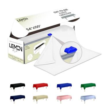 Imagem de LEMON + Co. Rolo de toalha de mesa de plástico premium branco - 137 cm x 100 pés para festas com caixa cortadora - toalha de mesa retangular cortada no tamanho retangular e redonda descartável toalha