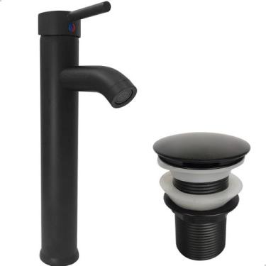 Imagem de Torneira Preta Pia Banheiro Bica Alta E Valvula Click 1¼ Inox Torneira