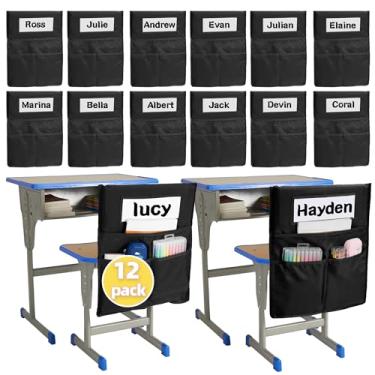 Imagem de moopok Tabela de bolso Chairback Buddy, bolsos de cadeira com bolso para sala de aula com 3 bolsos e 1 etiqueta de nome de aluno, organizador de bolsos de cadeira