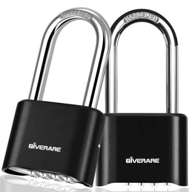Imagem de Pacote com 2 fechaduras de combinação de 4 dígitos, cadeado de metal resistente, fechaduras de liga externa com manilha de aço endurecido longa, cadeados grandes à prova de intempéries de alta