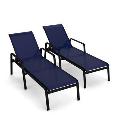 Imagem de Kit 2 Espreguiçadeira Piscina Alumínio Preto Tela Azul
