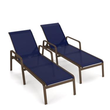 Imagem de Kit 2 Espreguiçadeira Piscina Alumínio Marrom Tela Azul