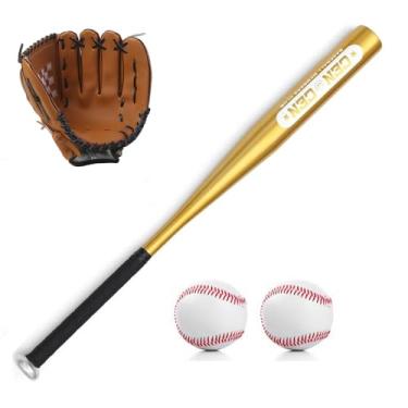 Imagem de FINYQBET Conjunto de Beisebol - Com Taco de Liga de Alumínio 25 Pol, Luva de Couro PVC 10.5" (Mão Esquerda) + 2 Bolas nº9 + Bolsa, Ideal para Crianças, Adolescentes e Adultos (Aourado)