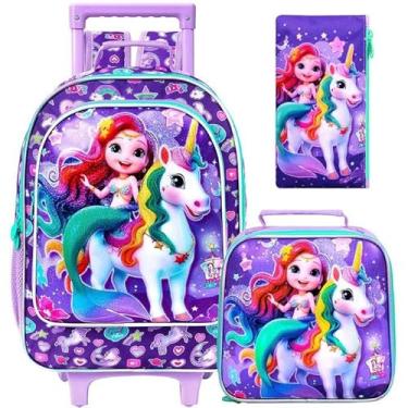 Imagem de ZLYERT Mochila com rodinhas de unicórnio de 45,7 cm, 3 peças, mochilas escolares infantis com rodas, mochila com lancheira para pré-escola primária (roxa)