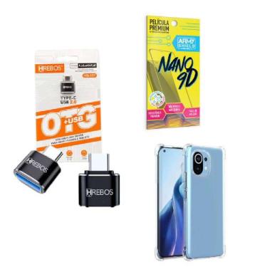 Imagem de Kit Adaptador USB para Tipo C + Capinha Xiaomi Mi11 Lite + Película 9D