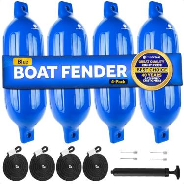 Imagem de Five Oceans Pacote com 4 para-lamas de barco - 4,5 x 40,6 cm, azul - para-choques de barco para ancoragem - 4 linhas de cordas 9,5 cm x 1,5 m - Bomba de enchimento e 4 agulhas para pontão pesca robalo