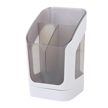 Imagem de Creative Multifuncional Desktop Pen Portup Brush Organizador do organizador com gaveta 3 Compartimentos de grande capacidade para material para animais de estimação do escritório (Branco)