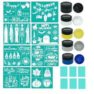 Imagem de 20 peças de estênceis de tela de seda de outono de Halloween com conjunto de tinta de pasta de giz para placas faça-você-mesmo, artesanato e decoração, estênceis adesivos reutilizáveis de colheita de