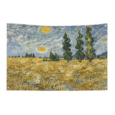 Imagem de Bandeira com quatro furos, bandeiras para todos os climas, campos de trigo e ciprestes estampados, banner decorativo, bandeiras de poliéster, adequadas para uso interno e externo 89 x 159 cm