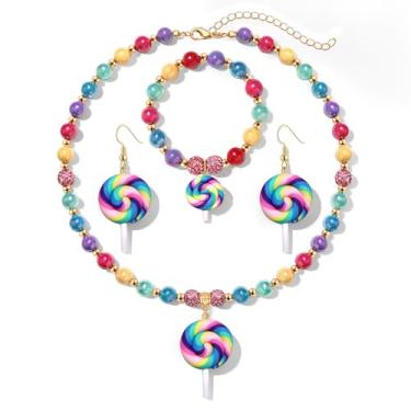 Imagem de YAHPERN Conjunto de joias de doces para mulheres, meninas, Natal, bengala doce, pirulito, colar, pulseira, brincos, acessórios para fantasia de doces de Halloween, presentes, Zinco, Sem Pedra Preciosa