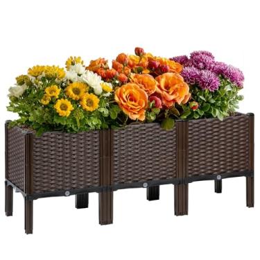 Imagem de TooCust Canteiro elevado de vime com pernas - Grande caixa de plantador retangular com autorirrigação 119 cm C x 40 cm L x 50 cm A, canteiros profundos de jardim externo para vegetais, flores, ervas