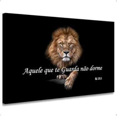Imagem de Quadro Decorativo Cristão Leão com Salmo 121:3 tela grande borda infinita 90x55 cm, MDF 30mm - Aquele que te guarda não dorme