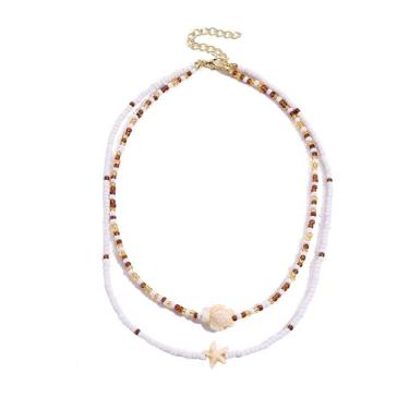 Imagem de Colar com pingente de estrela-do-mar e peixe em formato de concha boho, colorido, pérola, colar, verão, litoral, praia, praia, gargantilha havaiana para mulheres e homens, Small, Acrílico, Sem Pedra