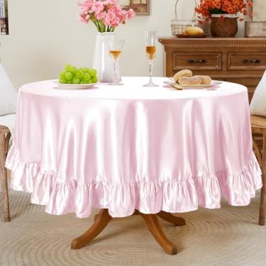 Imagem de Entisn Toalha de mesa redonda com babados de 177 cm, capa de mesa de cetim rosa inclui acabamento de 12 cm para mesa de 50 a 122 cm, lavável e resistente a amassados, decoração sedosa para banquete
