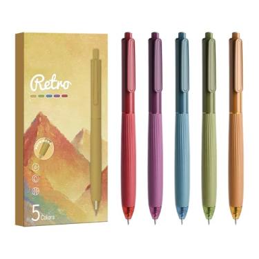 Imagem de T-shin Canetas esferográficas vintage, 5 tonalidades exclusivas, canetas coloridas de clique, canetas de gel de secagem rápida suaves de 0,5 mm para estudantes, material escolar, canetas