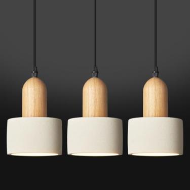 Imagem de LBSQJ Luzes pendentes de cimento moderno candelabro branco luzes de teto de madeira para quarto, sala de jantar, sala de estar, cozinha, ilha bar (pacote com 3)