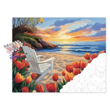 Imagem de Kit de pintura de paisagem de praia do pôr do sol por número, pintura de tulipas florescendo por números para adultos, arte de parede de pôster de cadeira de madeira branca, pintura acrílica faça você