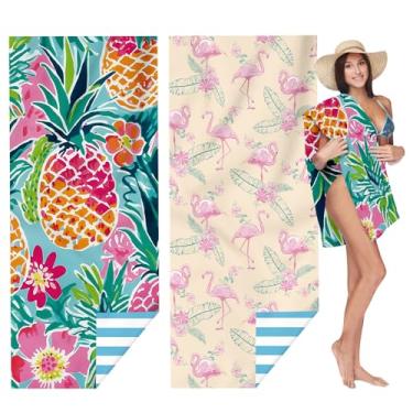 Imagem de ZSYTZL 2 peças de toalha de praia, 71 x 32 grandes, secagem rápida, portátil, para família, casal, acampamento, essenciais para viagem, piscina, Havaí, flamingo, abacaxi