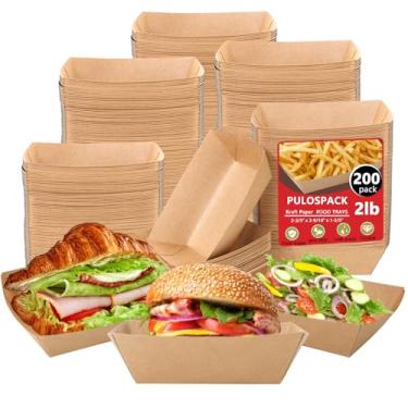 Imagem de Pacote com 200 barcos de comida de papel kraft de 900 g, bandejas de comida, barcos de papel descartáveis para servir comida, lanche, nachos, batatas fritas, tacos, cachorro-quente, churrasco, pipoca