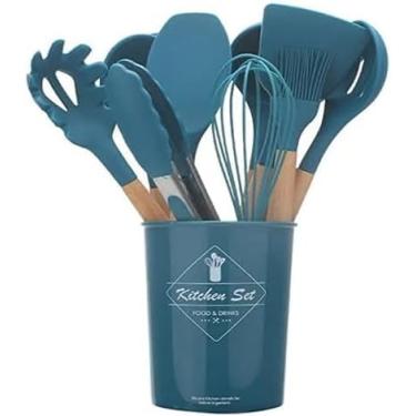 Imagem de Jogo 12 peças Silicone/Madeira Talher Escumadeira Utensilio Cozinha (Azul) (Azul)