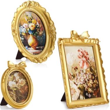 Imagem de Vicenpal 3 porta-retratos pequenos, vintage, oval, resina, dourado, preto, vintage, barroco, ornamentado, antigo, para exibição de casamento em casa (3 tamanhos, ouro)