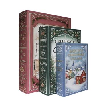 Imagem de XIAOAIKA Conjunto de 3 caixas de livros de madeira decorativas de Natal – Caixas de livro falsas vintage com capa de couro, armazenamento secreto com fecho magnético, caixa de presente de Natal para