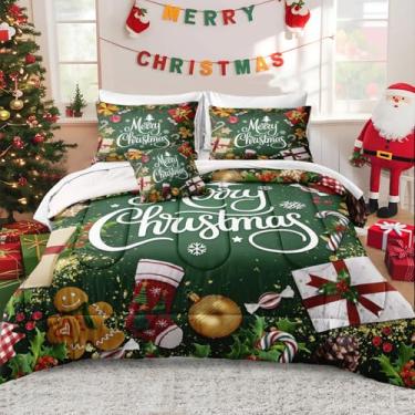 Imagem de Bedbay Conjunto de edredom de Natal verde para festivais de Natal, flocos de neve, decoração de árvore de Natal, 8 peças, conjunto de cama king size em uma bolsa, presentes para meninos e meninas