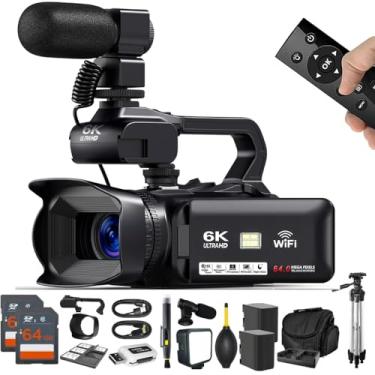 Imagem de Acuvar Câmera de vídeo HD 6K 64 MP câmera vlogging para YouTube 60FPS 18X Zoom câmera de vídeo, WiFi, webcam, microfone, 2 cartões SD de 64 GB, tripé, luz LED, estojo, leitor de cartão, 2 baterias
