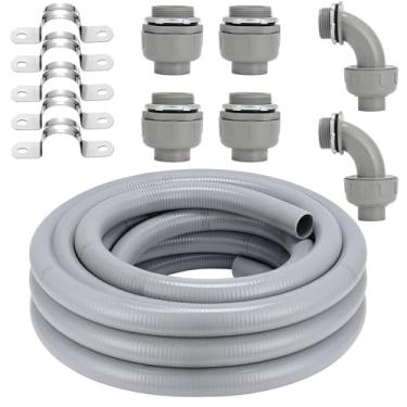 Imagem de Kit de conector de conduíte resistente a líquido, kit de conduíte elétrico flexível não metálico, tubo de conduíte elétrico externo à prova d'água, acessórios retos/angulares, grampos (3,5 cm x 7,6 m)